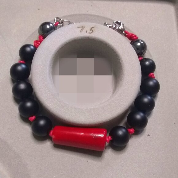 Red & Black Power Bracelet! Professional Wardrobe! Coral Hematite + Stone Beads - Picture 9 of 13
